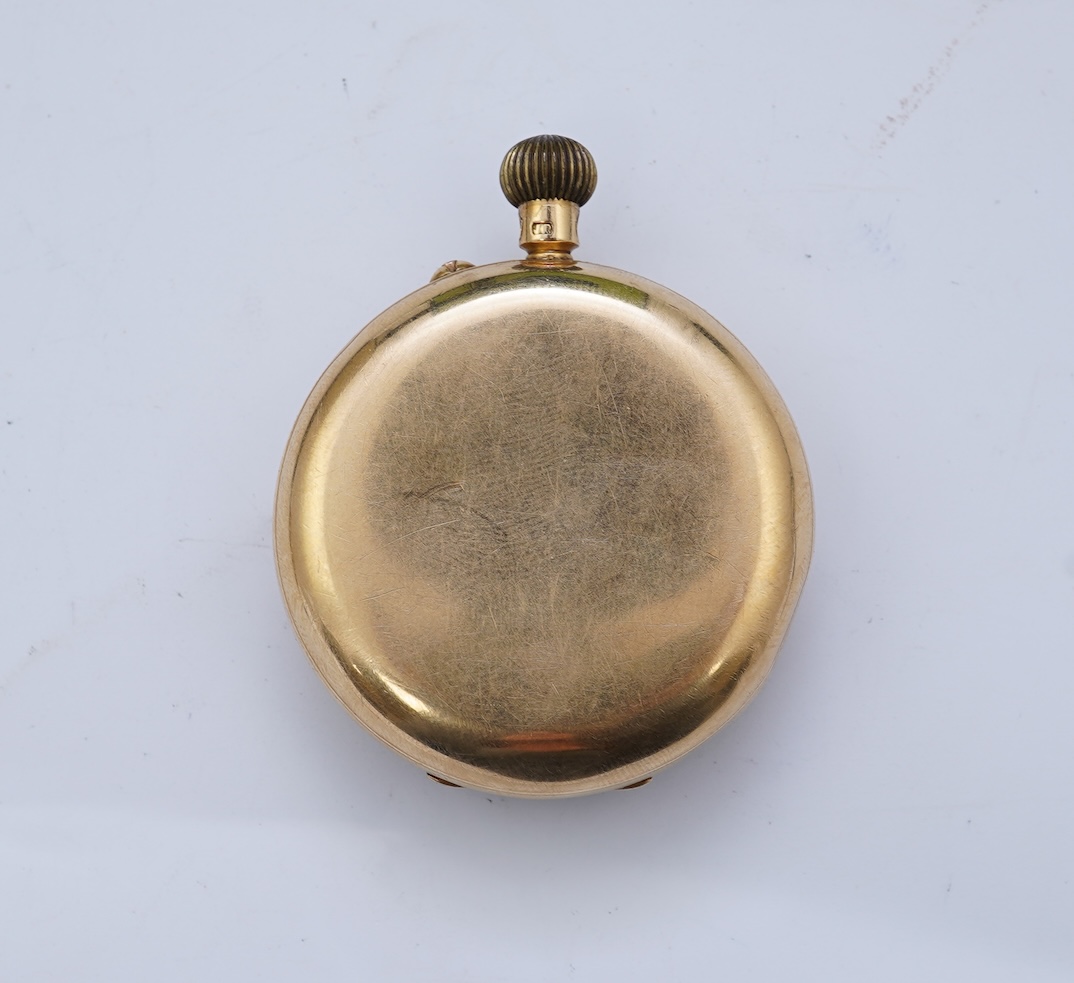 A late Victorian 18ct gold open faced keyless fob watch, by Kemp Brothers